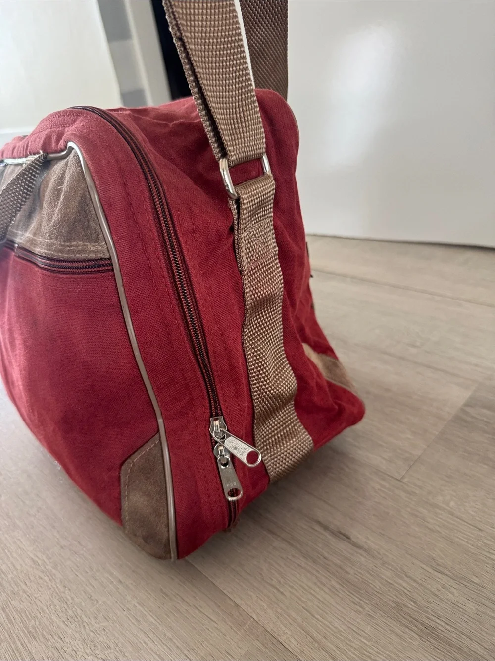 Vintage Athalon Denver USA Red Canvas Bag Tan Leather Suede Trim Duffle Travel